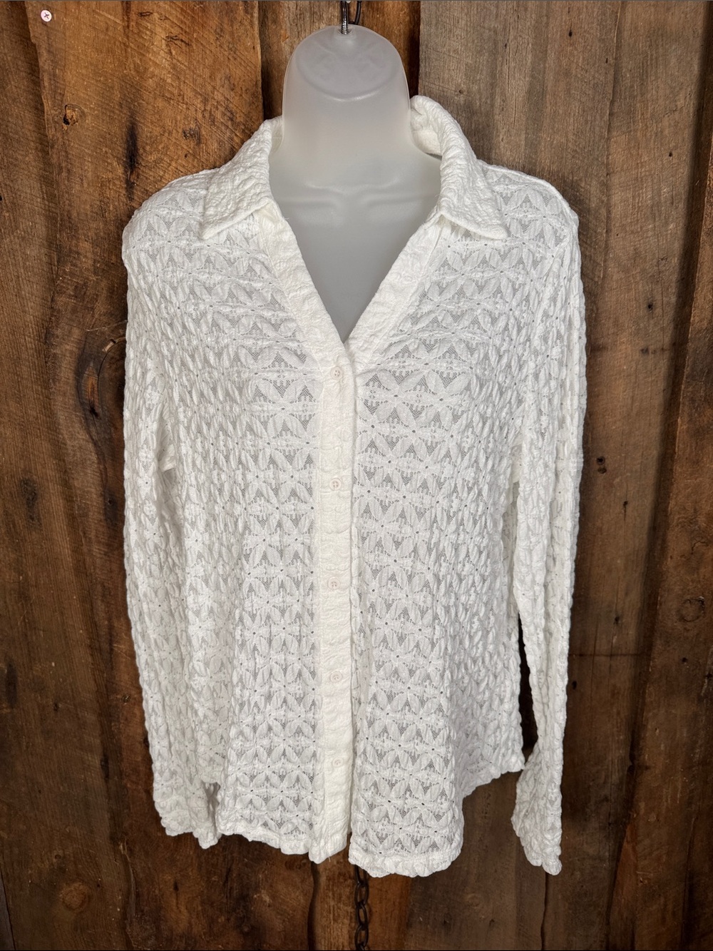 Adrianna Papell White Lace Knit Button-Down Shirt